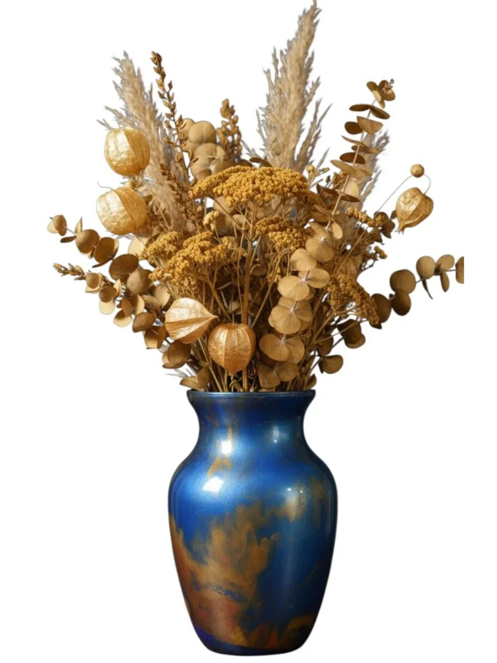 Abstract Fluid Art Glass 7 inch Vase in Metallic Blue Gold Copper, Handmade Art